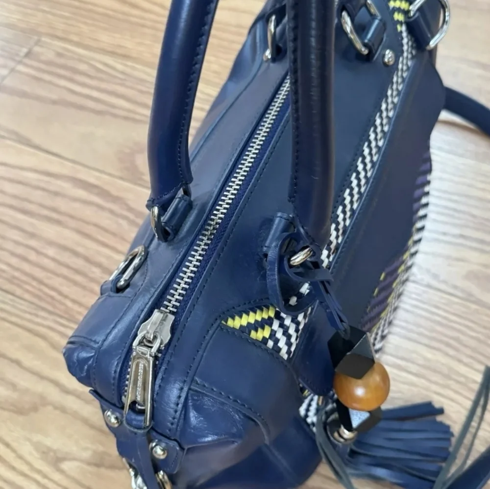 REBECCA MINKOFF MAB MINI BLUE PURPLE STRIPE WEAVE LEATHER LG SATCHEL BAG